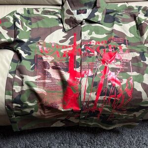 War Angel Apparel Camouflage Print button up Shirt with Red Graphic NWOT Size L